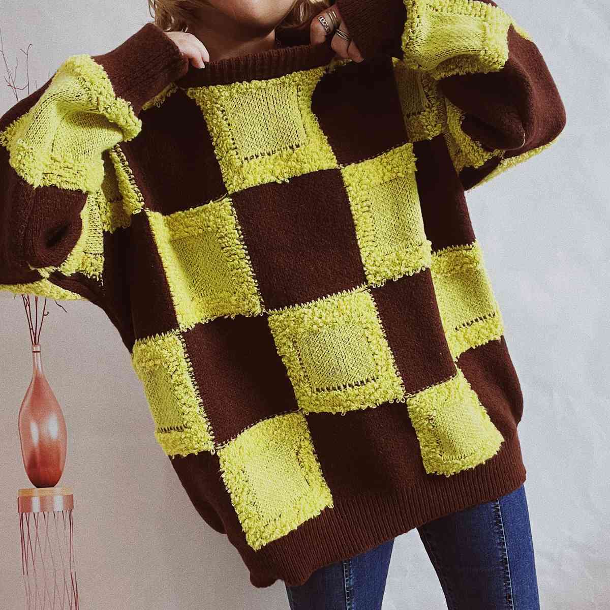 Checkered Round Neck Long Sleeve Sweater - GlossiChic Collection Black / S GlossiChic Collection apparel