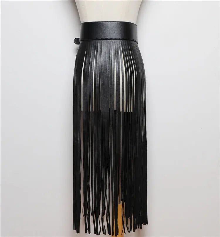 Black Tassels Wide Leather Belt - GlossiChic Collection