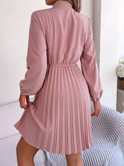 Tie Neck Balloon Sleeve Pleated Dress Trendsi