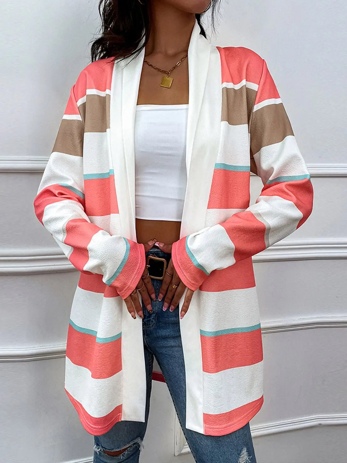 Striped Open Front Longline Cardigan GlossiChic Collection