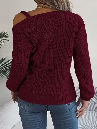 Asymmetrical Neck Long Sleeve Sweater - GlossiChic Collection Wine / S GlossiChic Collection apparel