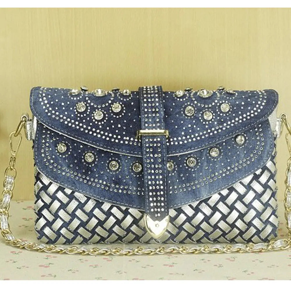 Diamond Rhinestone Denim Crossbody Handbag - GlossiChic Collection