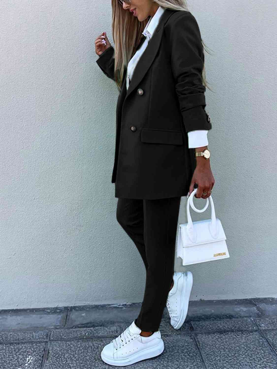 Lapel Collar Long Sleeve Blazer and Pants Set - GlossiChic Collection Charcoal / S GlossiChic Collection Outfit Sets