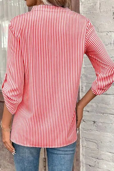 Striped Notched Roll-Tab Sleeve Shirt - GlossiChic Collection Red / S GlossiChic Collection Shirts & Tops