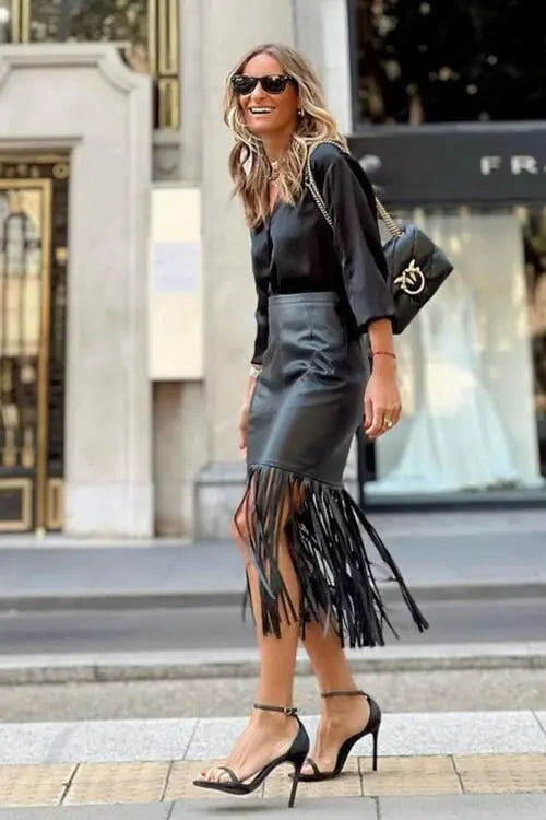 High Waist Fringe Hem Skirt GlossiChic Collection