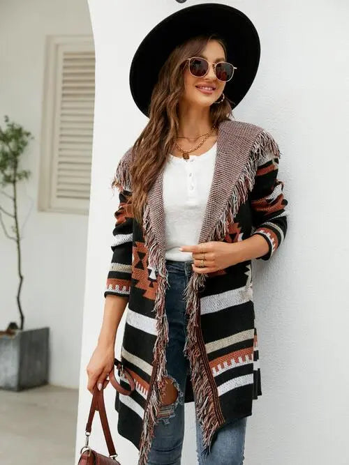 Fringe Geometric Hooded Long Sleeve Cardigan GlossiChic Collection