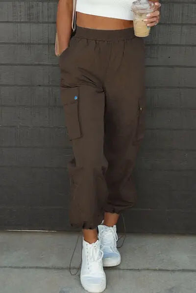 Drawstring Elastic Waist Pants with Pockets - GlossiChic Collection Coffee Brown / S GlossiChic Collection apparel