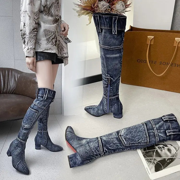 New Pointed Mid Heel Denim Over Knee Boots GlossiChic Collection