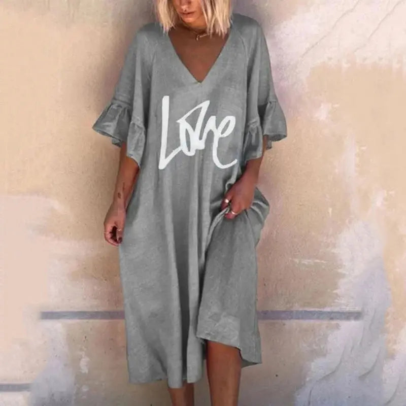 Casual V-neck Lotus Leaf Sleeve Plus Size Dress - GlossiChic Collection