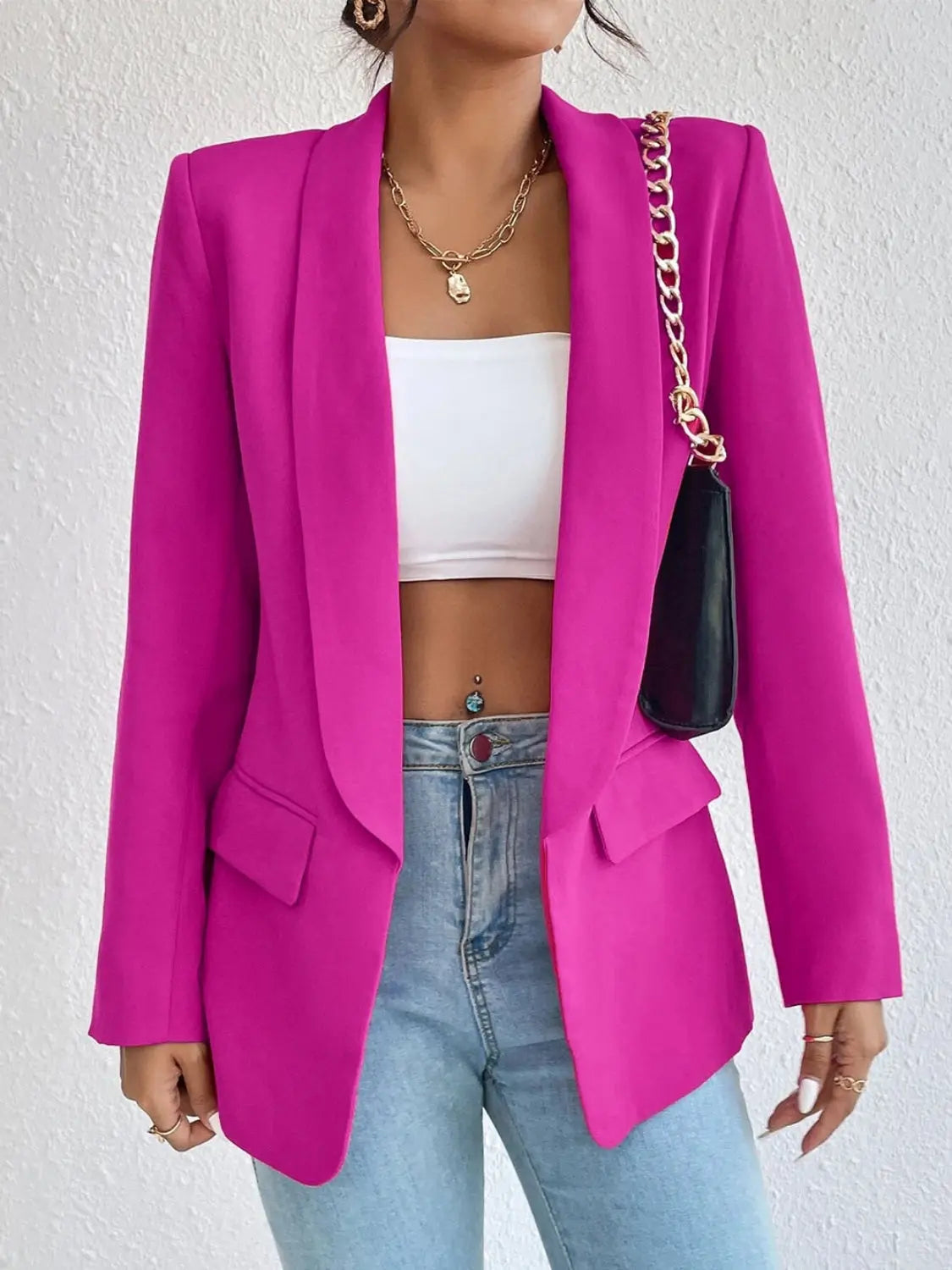 Shawl Collar Long Sleeve Blazer - GlossiChic Collection Hot Pink / S GlossiChic Collection Blazer & Cardigan