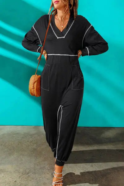 Contrast Stitching Pocketed Dropped Shoulder Jumpsuit - GlossiChic Collection Black / S GlossiChic Collection apparel