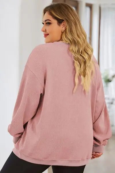 Plus Size Heart Ribbed Round Neck Sweatshirt - GlossiChic Collectionapparel