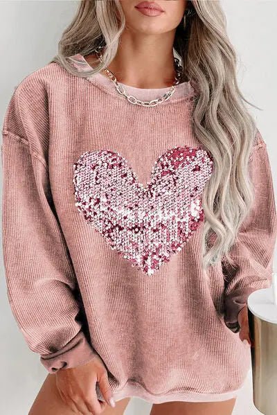 Plus Size Heart Sequin Round Neck Sweatshirt - GlossiChic Collectionapparel