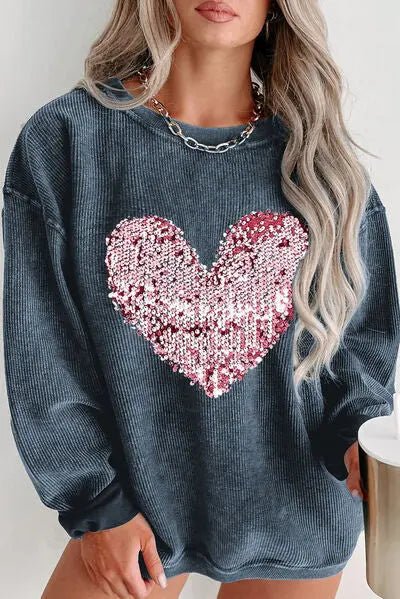 Plus Size Heart Sequin Round Neck Sweatshirt - GlossiChic Collectionapparel