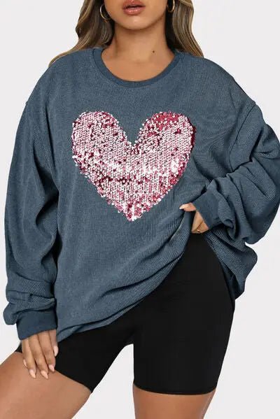 Plus Size Heart Sequin Round Neck Sweatshirt - GlossiChic Collectionapparel
