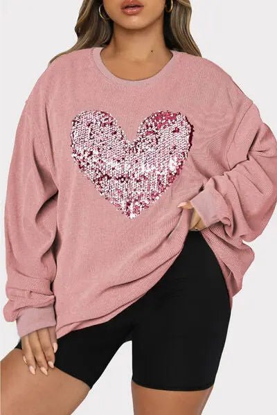 Plus Size Heart Sequin Round Neck Sweatshirt - GlossiChic Collectionapparel