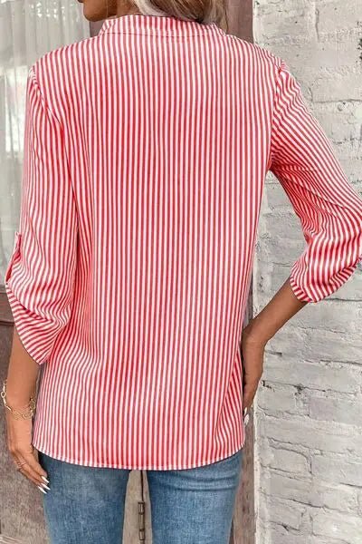 Striped Notched Roll - Tab Sleeve Shirt - GlossiChic CollectionShirts & Tops